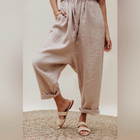 NWT Myrah Penaloza Mona linen two piece set harem crop top beige o/s - Picture 3 of 10